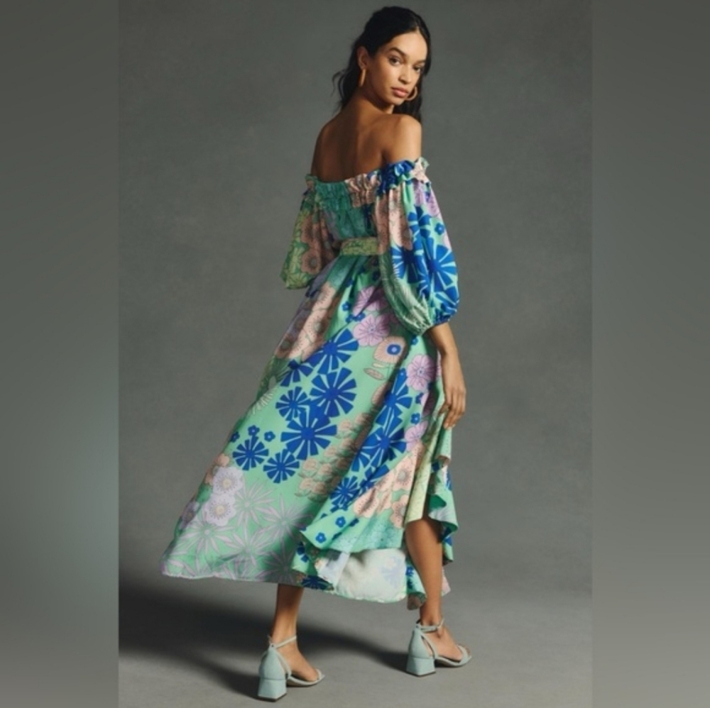 Anthropologie Oopscool Off-Shoulder Floral Midi Dress Boho Romantic Size S